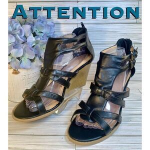 Attention Black Faux Leather Strappy Gladiator Platform Wedge Sandals S:9